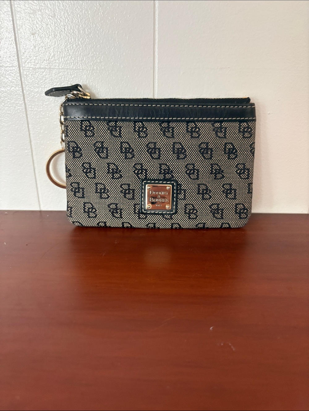 Dooney & Bourke Gray Black Monogram Cloth Zip Coin Pouch Key Ring